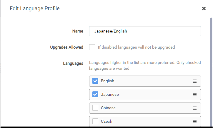 Sonarr Language Profile settings sonarr profile