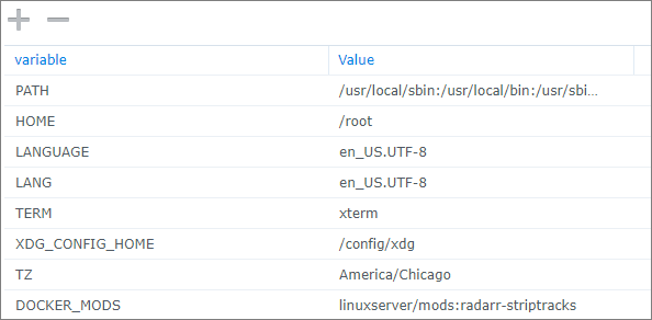 Synology container settings striptracks