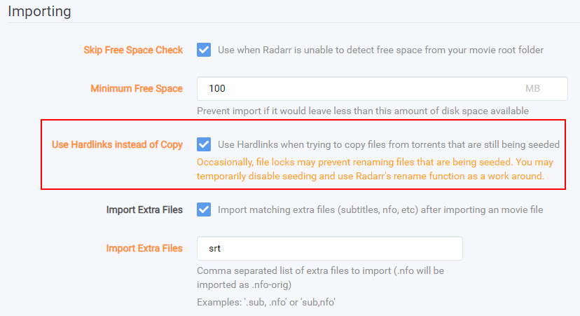 Radarr hardlinks screenshot radarr-enable-hardlinks