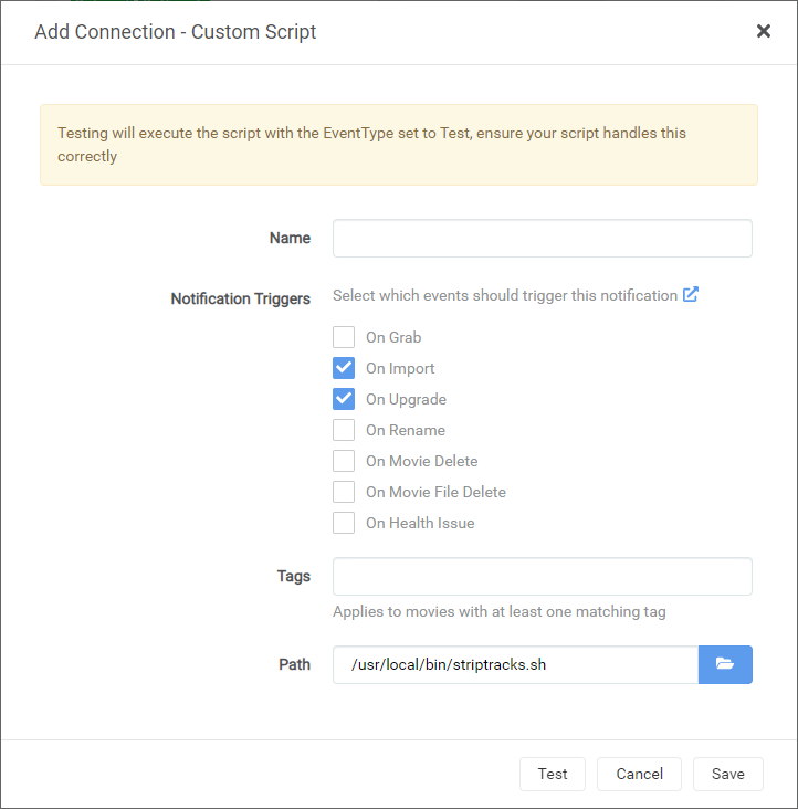 Radarr/Sonarr custom script settings striptracks v3