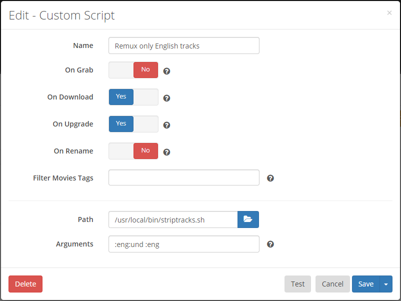 Radarr/Sonarr custom script settings striptracks
