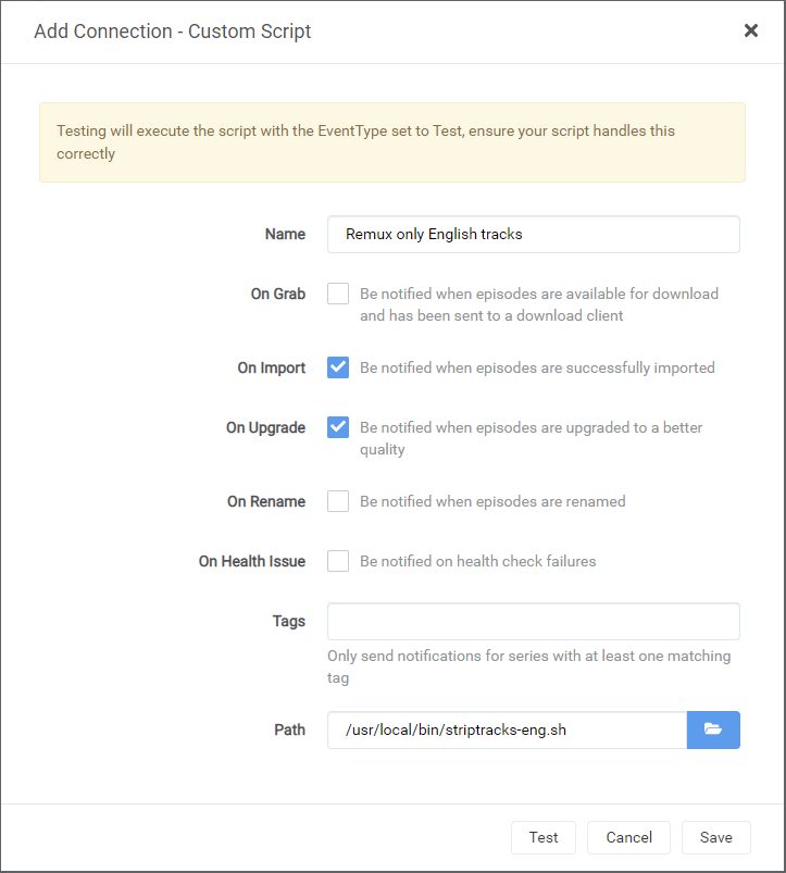 Radarr/Sonarr custom script settings striptracks