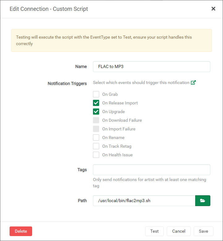 Lidarr Custom Script dialog lidarr-flac2mp3