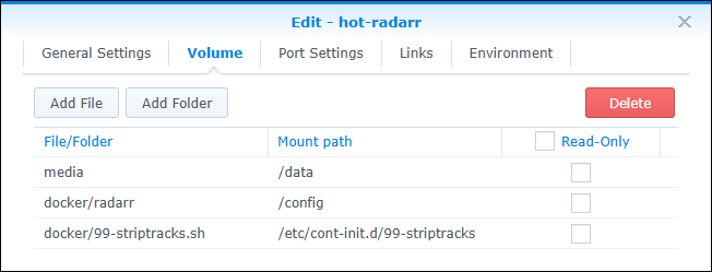 Synology container settings striptracks hotio